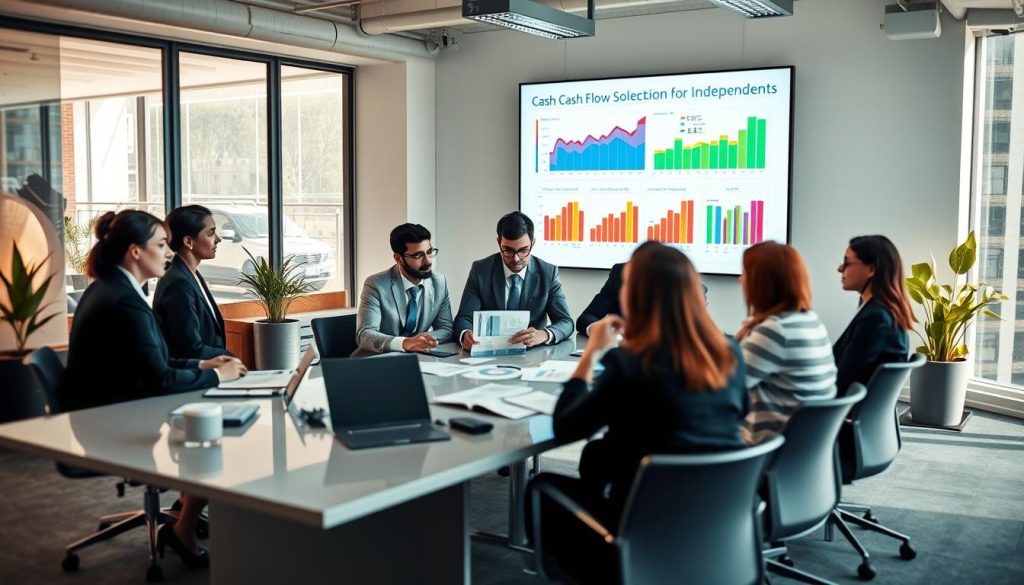 A professional office scene illustrating financial analysis in a portage salarial context. In the foreground, a diverse group of professionals in business attire collaborates around a sleek conference table, analyzing charts and financial documents related to cash flow. The middle ground features a large digital screen displaying vibrant graphs and statistics, highlighting cash flow management strategies. The background shows modern office decor, like potted plants and large windows with natural light streaming in, creating an inviting atmosphere. The angle is slightly elevated, capturing both the teamwork and the dynamic presentation of financial data, emphasizing a productive and professional environment focused on financial solutions for independents. The mood is focused and cooperative, reflecting dedication and expertise. A professional office scene illustrating financial analysis in a portage salarial context. In the foreground, a diverse group of professionals in business attire collaborates around a sleek conference table, analyzing charts and financial documents related to cash flow. The middle ground features a large digital screen displaying vibrant graphs and statistics, highlighting cash flow management strategies. The background shows modern office decor, like potted plants and large windows with natural light streaming in, creating an inviting atmosphere. The angle is slightly elevated, capturing both the teamwork and the dynamic presentation of financial data, emphasizing a productive and professional environment focused on financial solutions for independents. The mood is focused and cooperative, reflecting dedication and expertise.