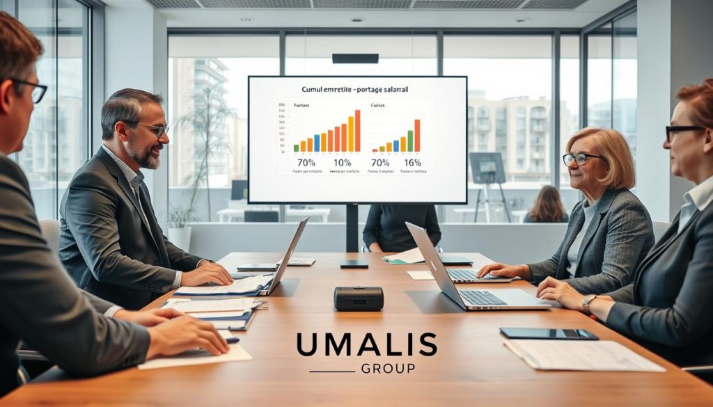 A professional office scene illustrating the concept of "cumul emploi retraite" with an emphasis on portage salarial. In the foreground, a diverse group of individuals in business attire, including a middle-aged man in a suit, a young woman in smart casual clothing, and a senior woman with glasses, all engaged in a discussion around a conference table filled with paperwork and laptops. In the middle ground, a presentation screen displays graphs and statistics related to employment and retirement. The background features a modern office environment with large windows letting in natural light, creating a bright and optimistic atmosphere. The mood should convey a sense of collaboration, knowledge sharing, and financial planning. The logo "UMALIS GROUP" subtly placed on the conference table. The camera angle is slightly elevated, providing a clear view of the interaction and environment.