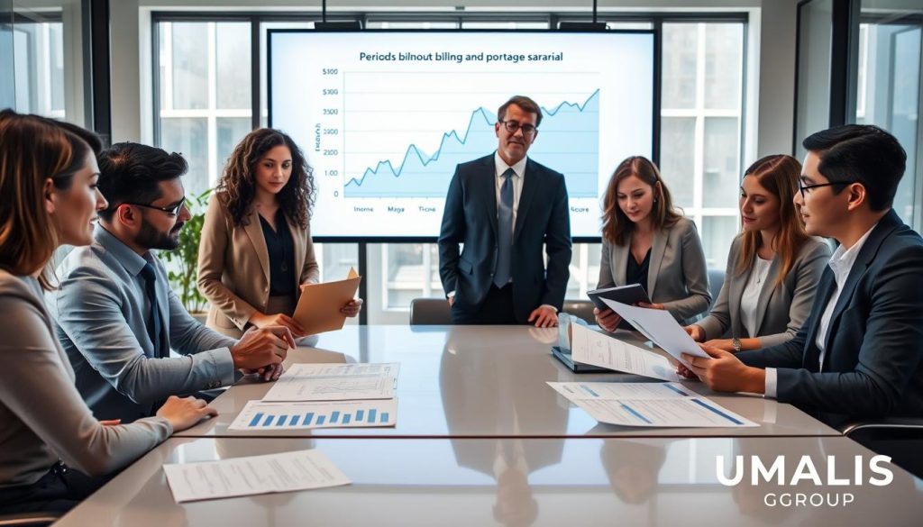 A professional office scene illustrating the concept of "periods without billing and income in portage salarial." In the foreground, a diverse group of three professionals, dressed in business attire, examines financial charts and documents on a sleek conference table. One is pointing to a chart showing fluctuating income, while another is taking notes. In the middle ground, a large digital screen displays a graph highlighting the impact of billing gaps on finances. The background features modern office decor with large windows allowing natural light to filter in, creating an inviting atmosphere. The overall mood is serious yet collaborative, emphasizing the importance of understanding financial implications in a consulting environment. The brand name "UMALIS GROUP" appears subtly in the corner.