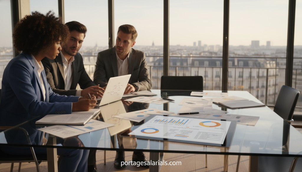 A professional office scene illustrating the concept of "portage salarial" in France. In the foreground, a diverse group of three individuals, one African descent female and two Caucasian males, are engaged in discussion over a laptop and financial documents, dressed in smart business attire. In the middle, a sleek conference table is adorned with papers and a digital tablet displaying graphs and calculations, symbolizing fiscal differences. The background features a large window with a cityscape view, letting in warm, natural light that creates an inviting atmosphere. Soft shadows add depth, while the overall mood is focused and collaborative, emphasizing clarity and professionalism. The website "portagesalarials.com" is subtly integrated into the design of the digital tablet, ensuring visibility in context without being distracting.