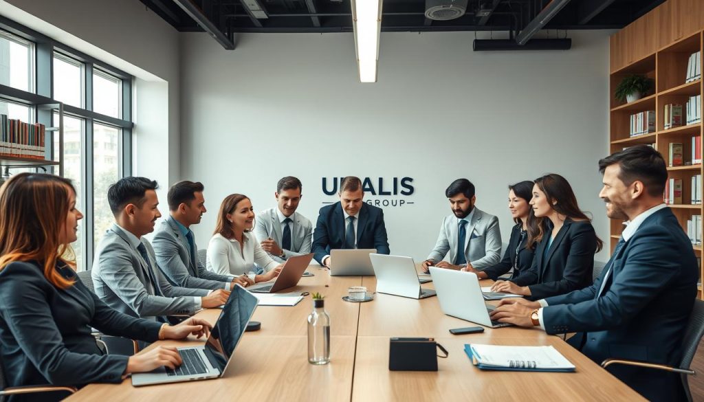 A professional office scene illustrating the daily operations of IT salary portage service. In the foreground, a diverse group of professionals—both men and women—dressed in smart business attire are engaged in a collaborative discussion around a conference table. They are surrounded by laptops, notepads, and digital devices, showcasing a tech-savvy environment. In the middle ground, large windows allow soft, natural light to flood in, creating an inviting atmosphere. The background features shelves filled with books on technology and management, alongside a "UMALIS GROUP" logo subtly displayed on a wall. The overall mood is focused, productive, and serene, highlighting teamwork and innovative business solutions. Use a wide-angle lens effect to capture the entire scene, promoting a sense of inclusiveness and cooperation.