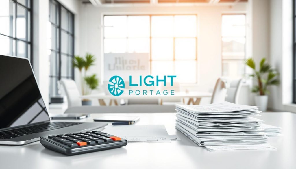 A professional office scene showcasing the concept of "professional expense management in portage salarial". In the foreground, a laptop, calculator, and neatly organized receipts and documents are displayed on a clean, minimalist desk. The middle ground features a stylized graphic depicting the LIGHT PORTAGE brand logo, conveying the idea of portage salarial services. The background is a bright, airy workspace with large windows, allowing natural light to fill the scene and create a sense of productivity and efficiency. The overall mood is one of organization, professionalism, and a focus on managing expenses in the context of a portage salarial arrangement.