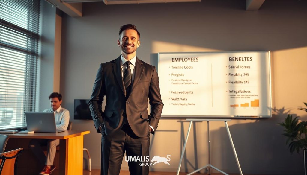 A professional office scene showing a clear comparison between employees and independent professionals. In the foreground, a businessman in a tailored suit stands confidently with a briefcase, representing salaried workers. To the left, a freelance graphic designer, dressed casually yet professionally, works on a laptop showcasing design elements, symbolizing independence. In the middle background, a large whiteboard features charts and graphs contrasting benefits, like flexibility and security, clearly demarcating the two work statuses. The lighting is warm and inviting, with soft sunlight streaming through window blinds, creating a productive atmosphere. The camera angle is slightly overhead, capturing both figures engaging with their work. Include the brand name "UMALIS GROUP" subtly in the background. A professional office scene showing a clear comparison between employees and independent professionals. In the foreground, a businessman in a tailored suit stands confidently with a briefcase, representing salaried workers. To the left, a freelance graphic designer, dressed casually yet professionally, works on a laptop showcasing design elements, symbolizing independence. In the middle background, a large whiteboard features charts and graphs contrasting benefits, like flexibility and security, clearly demarcating the two work statuses. The lighting is warm and inviting, with soft sunlight streaming through window blinds, creating a productive atmosphere. The camera angle is slightly overhead, capturing both figures engaging with their work. Include the brand name "UMALIS GROUP" subtly in the background.