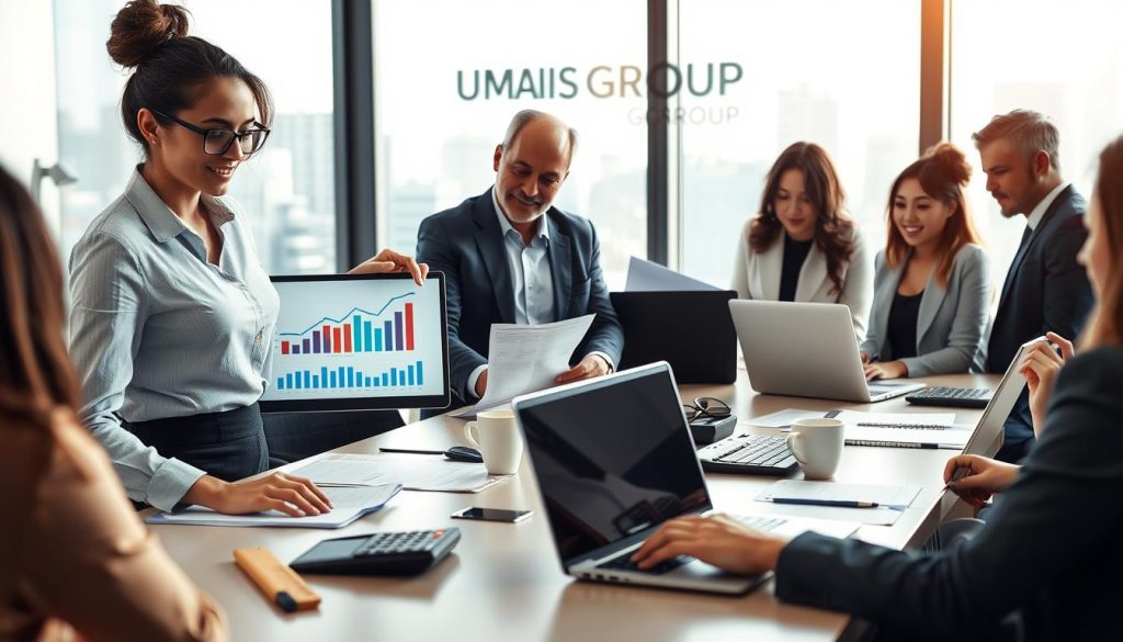 A professional office scene showing a diverse group of individuals analyzing financial documents and charts representing "frais de gestion" in a company using portage salarial. In the foreground, a confident businesswoman in professional attire points to a chart on a laptop screen, while a man in a suit takes notes. In the middle, a modern conference table is filled with laptops, calculators, and coffee cups. The background features a glass window revealing a city skyline, implying success and opportunity. Soft natural lighting filters through the window, creating an optimistic and focused atmosphere. Include the brand name "UMALIS GROUP" subtly integrated in the background as part of a poster or logo on the wall, ensuring a professional look.