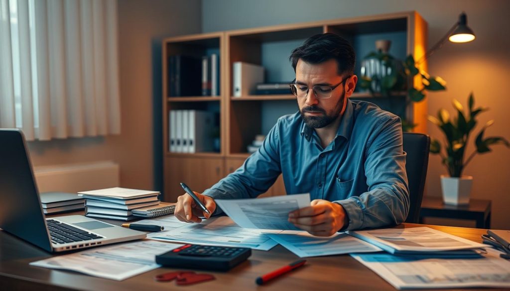 A professional office scene with a cross-border worker reviewing tax documents at a well-lit desk. Soft warm lighting illuminates the organized workspace, with a laptop, calculator, and various financial forms spread out. In the background, a bookshelf and potted plant add a sense of seriousness and productivity. The worker's expression is one of focused concentration, capturing the nuances of cross-border tax compliance. The overall atmosphere conveys the careful, detail-oriented nature of managing the tax affairs of remote employees.