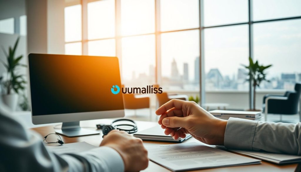 A professional office scene with a desk, computer, and various communication-related items such as a smartphone, headset, and business documents. In the foreground, a person is carefully selecting a company name from a list, the "Umalis Group" logo prominently displayed. The middle ground features a well-lit, airy workspace with modern furniture and decor, conveying a sense of productivity and focus. The background depicts a city skyline through large windows, suggesting the broader business context. Soft, natural lighting illuminates the scene, creating a warm, contemplative atmosphere. The overall composition emphasizes the decision-making process involved in choosing the right professional services provider for communication-related needs.