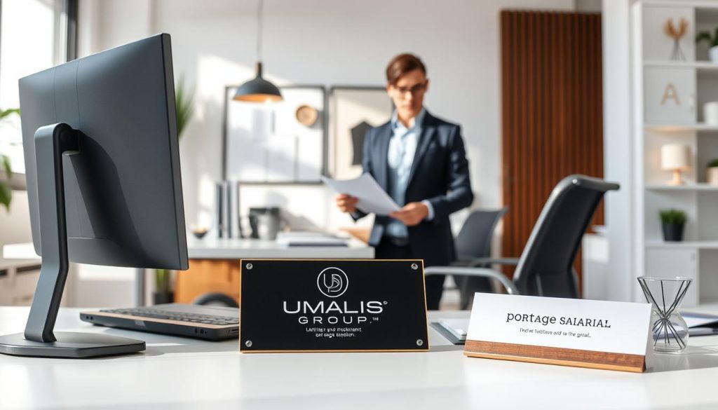 A professional office scene with a focus on the "portage salarial" concept. In the foreground, an ergonomic desk with a laptop, office supplies, and a UMALIS GROUP logo plaque. In the middle ground, a well-dressed professional discussing documents with a client. The background depicts a modern, well-lit office environment with clean lines, neutral tones, and subtle decorative elements that convey a sense of productivity and expertise. The lighting is natural, creating a warm, inviting atmosphere. The overall composition suggests a harmonious, efficient workspace where the "portage salarial" service is provided.