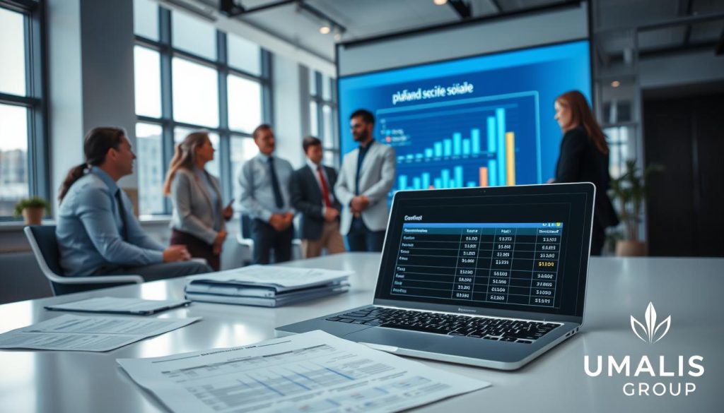 A professional office setting, captured from a slightly elevated angle, showcasing a modern workspace. In the foreground, a clean desk with a laptop open displaying a financial spreadsheet related to social security ceilings, surrounded by documents about remuneration. Middle ground features a diverse group of professionals in business attire, engaged in discussion, assessing charts and graphs on a digital screen that emphasizes "plafond sécurité sociale." The background includes large windows with natural light streaming in, creating an inspiring atmosphere. Soft lighting enhances the mood of collaboration and focus. In the corner of the image, a discreet logo of "UMALIS GROUP" subtly placed, reinforcing the theme without distraction.