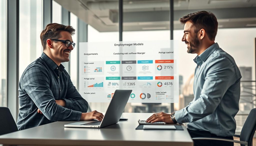 A professional office setting capturing the comparison of different employment statuses for software programmers. In the foreground, two programmers in smart casual attire discuss animatedly, with a laptop open on a sleek desk. In the middle, a large infographic displays various employment models such as freelance, salaried, and portage salarial, with distinct visual elements like charts and icons. In the background, a modern cityscape through a large window symbolizes the tech industry’s growth. Soft, natural lighting creates a warm atmosphere, with a slight depth of field focusing on the programmers and infographic. The mood is collaborative and insightful, ideal for illustrating a professional discussion about employment statuses.