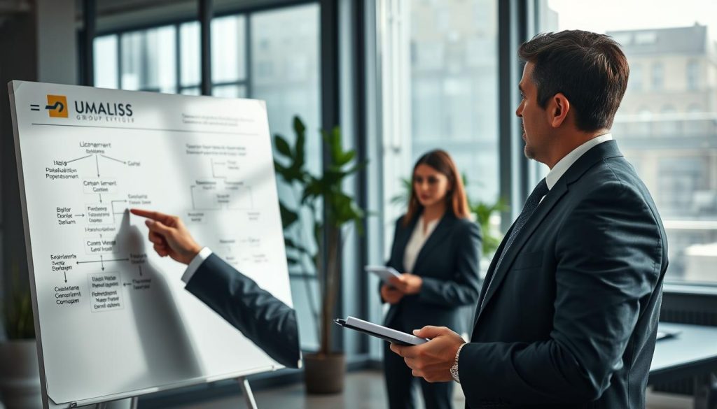 A professional office setting, capturing the moment a business consultant presents the "licenciement" procedures of portage salarial to a client. In the foreground, a well-dressed consultant, with a focused expression, points at a detailed flowchart on a sleek whiteboard. The middle ground features a client, dressed in business attire, taking notes attentively. The background showcases large windows with natural light streaming in, illuminating elements like potted plants and a modern desk. The atmosphere is serious yet informative, conveying professionalism and clarity. Soft ambient lighting enhances the focus on the consultant and client. Include the brand name "UMALIS GROUP" subtly integrated into the flowchart on the board.