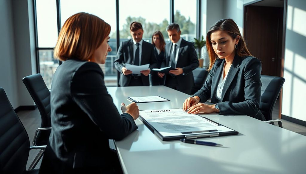 A professional office setting characterized by a clean, modern aesthetic. In the foreground, a well-dressed businesswoman sits at a sleek conference table, reviewing a contract with visible details like a pen and a notebook. In the middle ground, two colleagues in professional attire discuss documents, demonstrating collaboration and focus. The background features a large window with natural light flooding the room, casting soft shadows. The mood is serious yet constructive, emphasizing the importance of following procedures and respecting notice periods in contract termination. Include a subtle branding element, such as a company logo for "UMALIS GROUP" displayed on a notepad or folder. Use a wide-angle lens to capture the entire scene, ensuring clarity and depth.