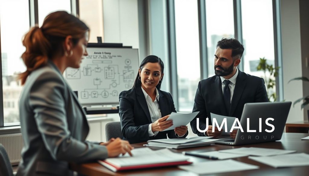 A professional office setting depicting "Accompagnement administratif portage salarial". In the foreground, a well-dressed businesswoman and businessman are engaged in an administrative discussion, surrounded by documents and a laptop displaying charts. In the middle ground, a whiteboard is filled with flowcharts illustrating an administrative process. The background features large windows with city views, allowing natural light to flood the room, creating a bright and inviting atmosphere. The mood is collaborative and focused, with soft shadows adding depth. The image also includes the logo "UMALIS GROUP" subtly incorporated into the background decor, ensuring it enhances rather than distracts from the scene. The composition is captured with a slight tilt-shift effect, emphasizing the professionals' interaction.