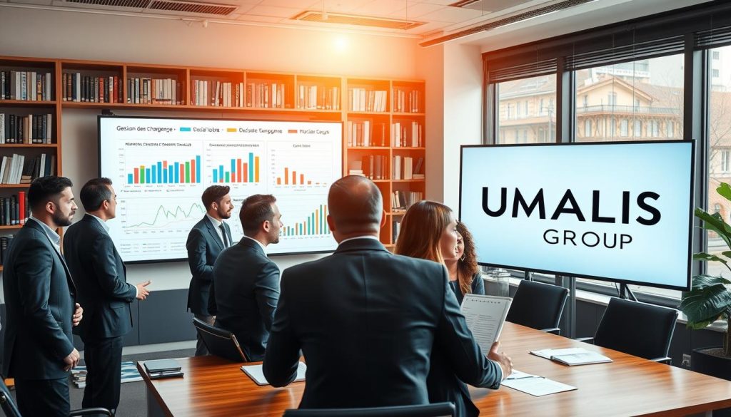 A professional office setting depicting "Gestion des charges sociales en portage salarial." In the foreground, a diverse group of business professionals in smart business attire are engaged in discussion around a conference table, showcasing charts and documents. In the middle ground, a large screen displays financial graphs and social charge calculations, emphasizing the analytical aspect of financial management. The background includes bookshelves filled with business literature and a large window with natural light pouring in, creating a bright and inviting atmosphere. The mood is focused and productive, with a slight sense of collaboration. Include the brand name "UMALIS GROUP" subtly integrated into the background design, ensuring a cohesive visual theme.