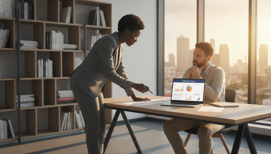A professional office setting depicting a business consultant discussing "facturation paiement client" with a client. In the foreground, a diverse businesswoman in smart attire is examining financial documents, while a client, dressed in business casual, attentively listens. The middle ground features a modern desk with a laptop displaying charts and invoices related to client payments. The background includes a stylish bookshelf filled with financial literature and a large window showing a city skyline, bathed in warm, natural light symbolizing a productive workday. The atmosphere is focused and professional, conveying the importance of securing cash flow from client payments and salary management. Include the brand name "portagesalarials.com" subtly in the scene, possibly on the laptop screen.