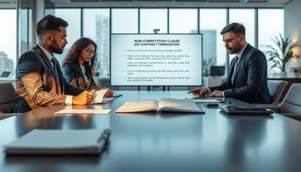A professional office setting depicting a business meeting about a "non-competition clause" following a contract termination. In the foreground, a diverse group of three business professionals dressed in formal attire, analyzing documents on a sleek conference table. The middle area features a blurred view of a digital screen displaying key points regarding contract termination and non-competition rules. The background shows modern office decor, with large windows letting in natural light, casting soft shadows. The atmosphere is focused and serious, highlighting the importance of the discussion. The brand name "UMALIS GROUP" is subtly integrated into office materials like notebooks and digital devices, enhancing the professional context. Soft, warm lighting creates an inviting yet serious mood, emphasizing collaboration and understanding. A professional office setting depicting a business meeting about a "non-competition clause" following a contract termination. In the foreground, a diverse group of three business professionals dressed in formal attire, analyzing documents on a sleek conference table. The middle area features a blurred view of a digital screen displaying key points regarding contract termination and non-competition rules. The background shows modern office decor, with large windows letting in natural light, casting soft shadows. The atmosphere is focused and serious, highlighting the importance of the discussion. The brand name "UMALIS GROUP" is subtly integrated into office materials like notebooks and digital devices, enhancing the professional context. Soft, warm lighting creates an inviting yet serious mood, emphasizing collaboration and understanding.