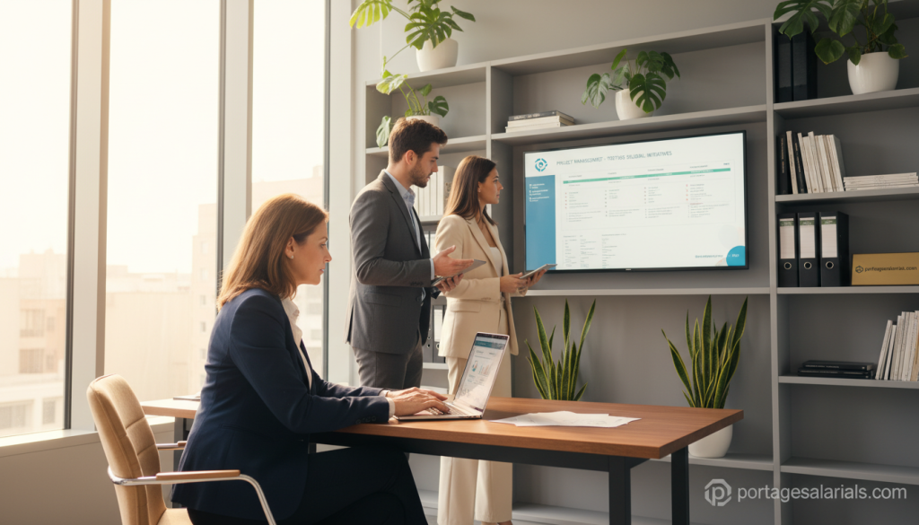 A professional office setting, depicting a business meeting among three figures: a middle-aged woman at the forefront, dressed in smart business attire, reviewing documents on a laptop. Behind her, a young man in a suit and a woman in professional business wear are engaged in a discussion about project management related to "portage salarial." The image showcases a contemporary office interior with large windows letting in natural light, creating a warm and inviting atmosphere. In the background, shelves filled with books and plants add a touch of professionalism. The focus should be on the interaction, conveying teamwork and administrative support, reflecting the role of a "société portage salarial." Include the brand name "portagesalarials.com" subtly in the office decor.