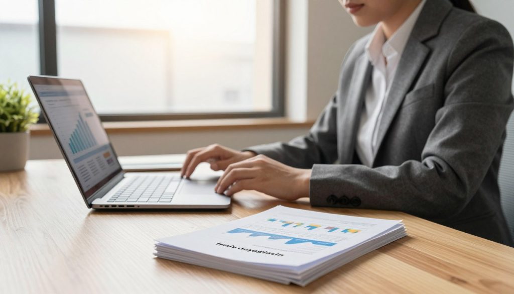 A professional office setting depicting a clear and organized workspace that illustrates "frais de gestion" (management fees) and financial clarity. In the foreground, there is a sleek wooden desk with a laptop displaying financial graphs and charts. To one side, neatly stacked documents labeled with terms like “cotisations sociales” and “revenu,” emphasizing financial empowerment. In the middle, a business professional in smart attire analyzes the data, showcasing focus and determination. The background features a large window allowing warm, natural light to fill the room, creating a welcoming and productive atmosphere. Soft shadows accentuate the desk items, enhancing the sense of clarity and professionalism, conveying a mood of confidence and financial oversight.