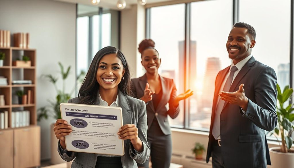 A professional office setting depicting a confident, diverse group of individuals in business attire discussing the benefits and security of being a portage salarial employee. In the foreground, a smiling woman of Hispanic descent holds a tablet, showcasing statistics about job security. Beside her, a Black man gestures enthusiastically while explaining opportunities for career growth. In the middle ground, a large window reveals a bright, modern city skyline, suggesting a prosperous future. The background includes shelves with books and plants, creating a welcoming atmosphere. Soft, natural lighting streams in, enhancing the professionalism and optimism of the scene. The mood is collaborative and empowering, illustrating the advantages of a hybrid employment model that combines independence with stability.