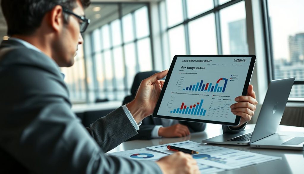 A professional office setting depicting a consultant at a desk reviewing a detailed salary simulation report related to the French portage salarial system. In the foreground, a well-dressed consultant, showcasing focus and determination, examines a tablet displaying visually appealing charts and graphs that represent salary calculations. The middle layer includes a clutter-free modern desk with financial documents and a laptop open, emphasizing professionalism and clarity. In the background, a bright and airy office with large windows, allowing natural light to filter in, creating a productive atmosphere. Subtle reflections of a cityscape can be seen through the glass. The mood is one of professionalism and confidence, encapsulating the essence of consultancy in salary simulations. Include the logo of UMALIS GROUP subtly in a corner of the report on the tablet.