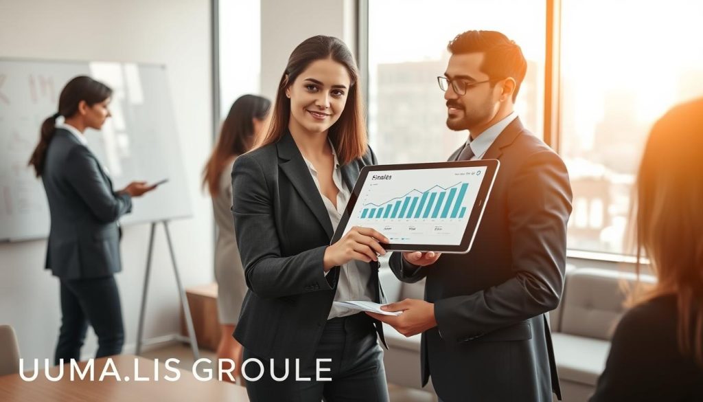 A professional office setting depicting a diverse group of business people engaged in a collaborative discussion about financial advantages of "salaire portage salarial." In the foreground, a confident woman in business attire is pointing at a digital tablet showing financial graphs, symbolizing visibility on income. Beside her, a man in a suit is taking notes. In the middle ground, a large window lets in soft natural light, highlighting a modern office with an urban cityscape view. The background features minimalist furniture and a whiteboard filled with diagrams related to salary structures and professional expenses. The atmosphere is focused and productive, conveying a sense of empowerment and financial understanding. The brand name "UMALIS GROUP" is subtly integrated into the office decor.