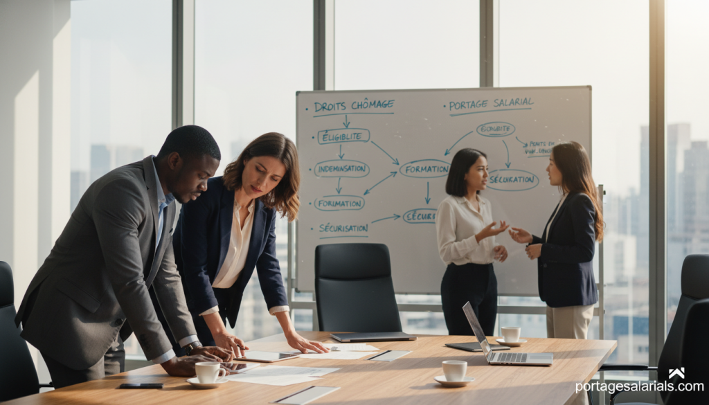 A professional office setting depicting a diverse group of businesspeople engaged in a discussion about unemployment rights and portage salarial. In the foreground, two individuals—one man in a tailored suit and a woman in professional business attire—are examining documents on a table, looking focused. In the middle, a large whiteboard is filled with diagrams and notes related to unemployment rights, symbolizing key points of vigilance. In the background, a large window allows soft natural light to fill the room, creating a welcoming atmosphere. The overall mood is collaborative and professional, capturing the essence of securing one's unemployment rights. Include the logo for portagesalarials.com subtly in the corner of the image.