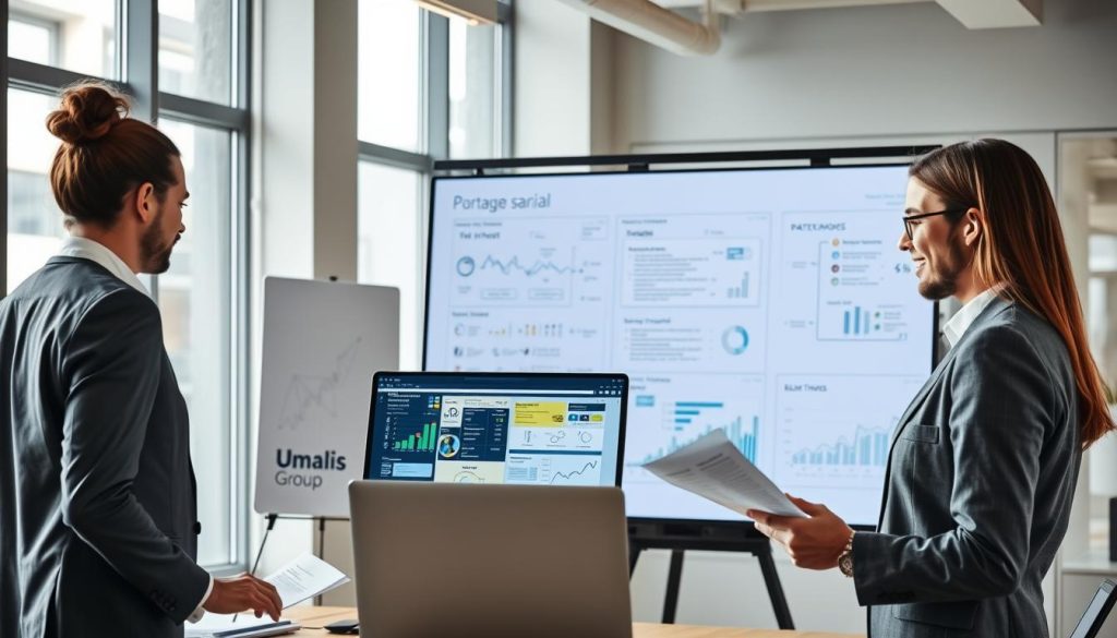 A professional office setting depicting a diverse group of database specialists collaborating on a project related to "portage salarial." In the foreground, a confident woman in business attire is presenting data insights on a laptop screen, while a man beside her reviews paperwork. In the middle, a whiteboard filled with diagrams and flowcharts illustrates the concepts of "portage salarial," alongside a large screen displaying graphs and data trends. The background features a modern office with large windows providing natural daylight, accentuating a productive atmosphere. Soft lighting enhances the focus on the team’s engagement. The brand "Umalis Group" is subtly incorporated in the decor. The overall mood is collaborative, dynamic, and professional, emphasizing the importance of data specialists in the context of portage salarial dynamics.