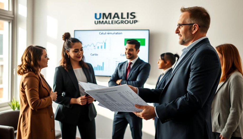 A professional office setting depicting a diverse group of individuals engaged in a discussion about "calcul rémunération". In the foreground, two professionals, a woman and a man, are intently analyzing financial documents and charts related to social contributions, dressed in smart business attire. The middle background shows a large screen displaying graphs and numerical data relevant to payroll calculations. The office is well-lit with natural light filtering through large windows, creating a warm and inviting atmosphere. Soft shadows enhance the depth of the scene. In the background, the logo "UMALIS GROUP" is visible on a wall-mounted sign, reinforcing the focus on professional consultancy in payroll and social contributions. The mood is collaborative and informative, highlighting the seriousness of financial planning.