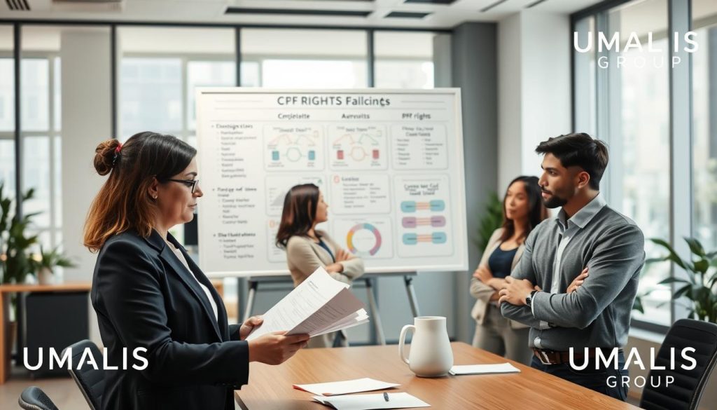 A professional office setting depicting a diverse group of individuals engaged in a thoughtful discussion about CPF rights based on professional status. In the foreground, a middle-aged woman in smart business attire is reviewing documents, while a young man in a casual yet neat outfit is listening intently. In the middle ground, a large whiteboard is filled with diagrams and charts illustrating different employment statuses and corresponding CPF rights. The background shows a modern office with large windows, letting in soft natural light that enhances the positive and collaborative atmosphere. The overall mood is focused and informative, ideal for understanding professional development options. Include a discreet logo for "UMALIS GROUP" in the corner of the image.