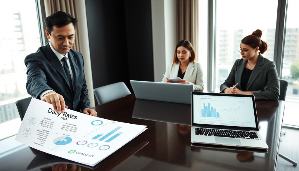 A professional office setting depicting a diverse group of people engaged in a discussion around a modern conference table. In the foreground, a businessman in formal attire points at a large document filled with numbers and charts, symbolizing the calculation of daily rates (TJM). In the middle, a woman in smart business attire takes notes, looking analytically at an open laptop displaying financial graphs. In the background, a large window allows natural light to flood the room, casting soft shadows and creating a focused atmosphere. The overall mood is collaborative and insightful, emphasizing the importance of avoiding hidden fees and calculation errors in salary portage. Include subtle branding elements representing "Umalis Group" on the document. Aim for a professional, clean look with a balanced composition.