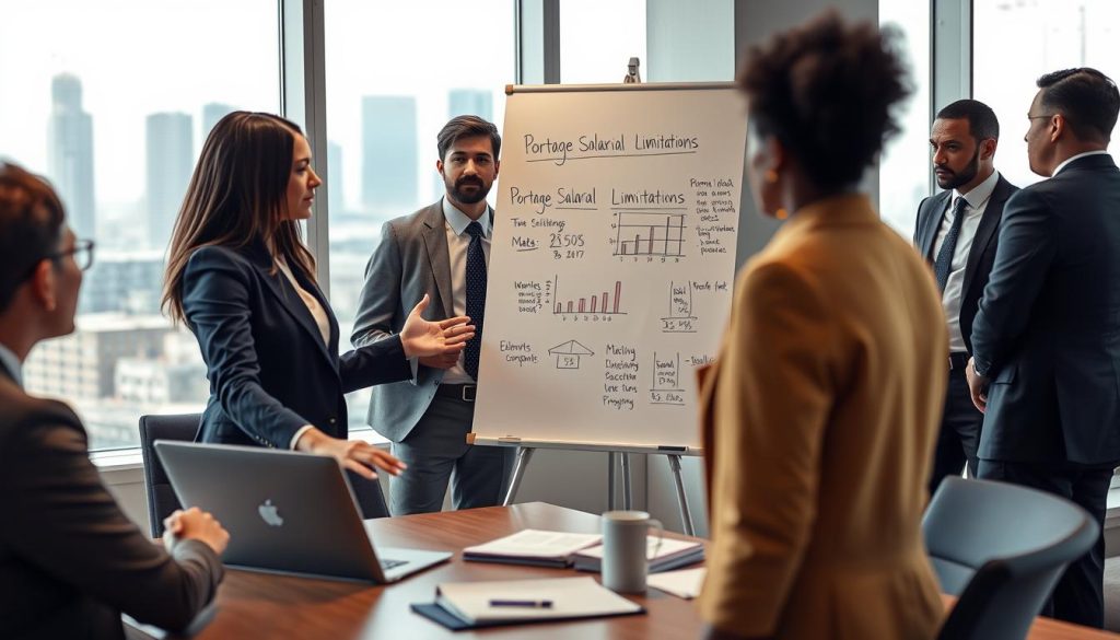 A professional office setting depicting a diverse group of professionals engaged in thoughtful discussion. In the foreground, a woman in a sharp business suit gestures towards a laptop displaying financial data, symbolizing analysis and decision-making. In the middle, a man in smart-casual attire stands beside a whiteboard filled with graphs and notes titled "Portage Salarial Limitations," illustrating challenges and considerations. The background features large windows allowing natural light, with a cityscape view that reflects ambition and opportunity. The mood is serious yet collaborative, emphasizing the importance of understanding the limits in a career development context. The atmosphere is vibrant and focused, captured with a soft depth of field to highlight the subjects while keeping the environment professional.