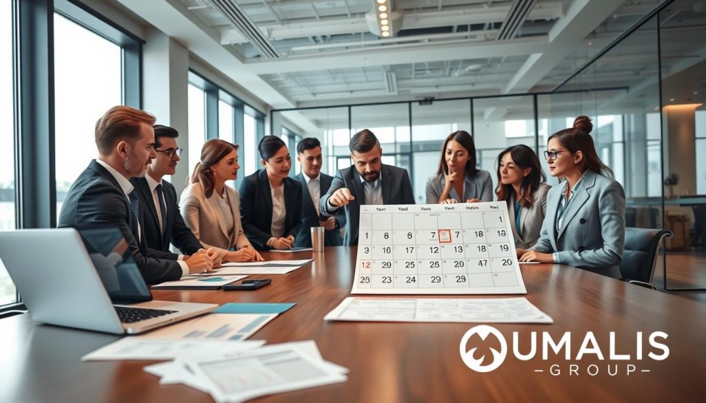 A professional office setting depicting a diverse team of businesspeople gathered around a large conference table, reviewing a calendar marked with deadlines for invoice submissions. The foreground features detailed documents and a laptop with charts on the screen, emphasizing the importance of year-end invoices. In the middle, the team, dressed in smart business attire, is engaged in discussion, pointing towards the calendar with a sense of urgency and collaboration. The background includes a modern office with large windows allowing natural light to flood the space, creating a bright and focused atmosphere. The image should incorporate the logo of UMALIS GROUP subtly in a corner. The mood is professional and serious, reflecting the urgency of verifying invoice deadlines.