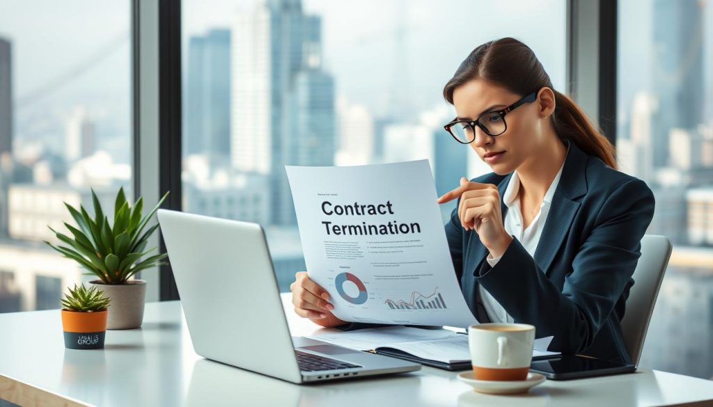 A professional office setting, depicting a focused businesswoman in a modern, well-lit workspace. She is seated at a sleek desk, reviewing a document titled “Contract Termination” with a thoughtful expression, wearing a smart blazer and glasses. In the foreground, a laptop displays graphs indicating business performance, suggesting a strategic mindset. The middle layer includes a cozy plant and a cup of coffee, adding warmth to the scene. The background features a large window showing a cityscape, symbolizing opportunities and growth. Soft, natural lighting illuminates the scene, creating an atmosphere of professionalism and contemplation. Include the branding of “UMALIS GROUP” subtly on the document.