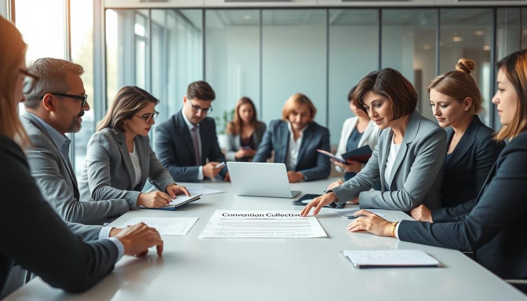 A professional office setting depicting a group of diverse business professionals engaged in a discussion around a large table, illustrating the concept of "convention collective". In the foreground, a well-dressed woman with short hair is pointing to a document titled "Convention Collective" on the table, surrounded by colleagues nodding in agreement. The middle ground features a man with glasses reviewing notes, while a woman in a blazer takes notes on a laptop. The background includes glass walls with natural light streaming in, creating a bright, open atmosphere. The mood is collaborative and focused, reflecting the significance of collective agreements in the workplace. Include branding elements subtly displaying "UMALIS GROUP" in the decor to reinforce the theme.