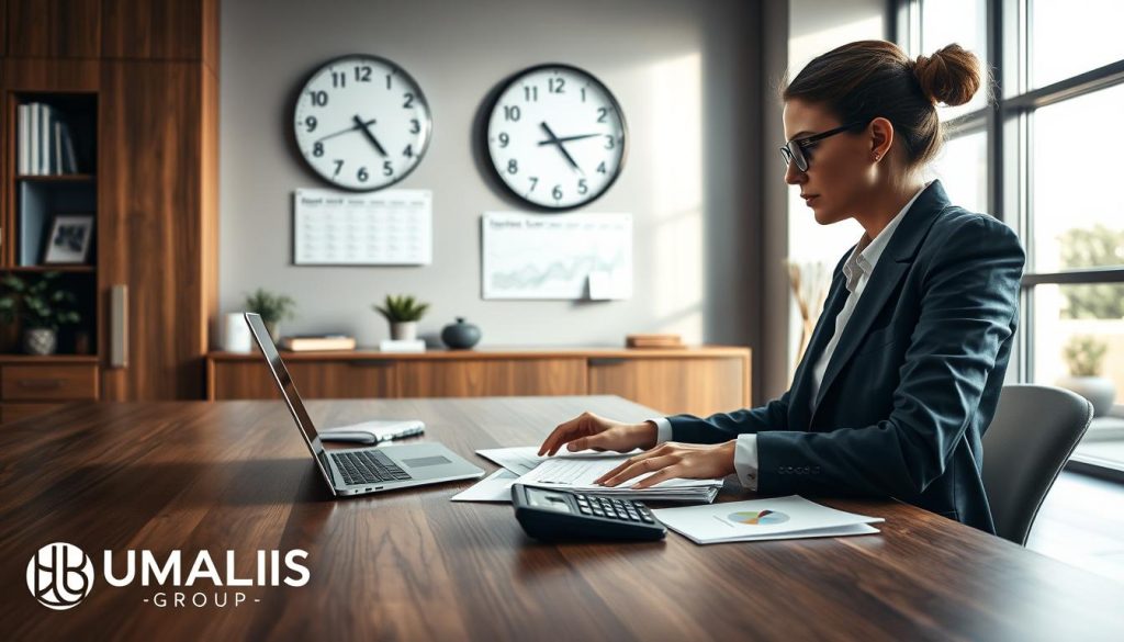 A professional office setting depicting a large wooden desk with a modern laptop, papers, and a calculator, illustrating the concept of "Calcul des jours facturables selon le temps disponible". In the foreground, a focused businesswoman in smart business attire is analyzing data on a screen, surrounded by charts and graphs. In the middle, a wall-mounted digital clock indicates time management, while a calendar is visible, marking potential billable days. The background includes a large window with natural light streaming in, creating a bright and productive atmosphere. The overall mood is dynamic and professional, emphasizing efficiency and clarity in time allocation. The image subtly incorporates the brand name "UMALIS GROUP" into the design elements without text overlays, maintaining a cohesive and engaging visual narrative.