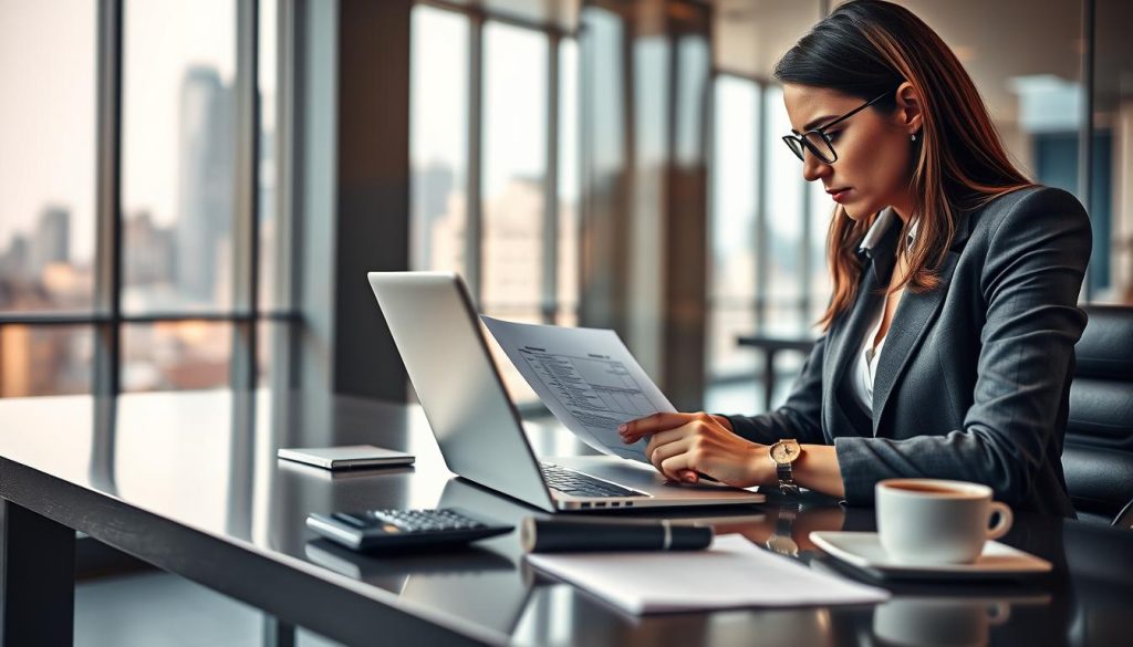 A professional office setting depicting a modern workspace with a clear focus on "calcul rémunération portage salarial." In the foreground, a well-dressed businesswoman is intently analyzing financial documents and calculations on her laptop, dressed in smart business attire. In the middle, a sleek desk is adorned with a calculator, notepad, and a cup of coffee, conveying an atmosphere of concentration and productivity. In the background, large windows allow soft, natural light to illuminate the space, creating a warm and inviting atmosphere. The image features a blurred city skyline outside, suggesting a vibrant business environment. The overall mood is professional and motivating, emphasizing the importance of understanding remuneration calculations in the context of portage salarial. A professional office setting depicting a modern workspace with a clear focus on "calcul rémunération portage salarial." In the foreground, a well-dressed businesswoman is intently analyzing financial documents and calculations on her laptop, dressed in smart business attire. In the middle, a sleek desk is adorned with a calculator, notepad, and a cup of coffee, conveying an atmosphere of concentration and productivity. In the background, large windows allow soft, natural light to illuminate the space, creating a warm and inviting atmosphere. The image features a blurred city skyline outside, suggesting a vibrant business environment. The overall mood is professional and motivating, emphasizing the importance of understanding remuneration calculations in the context of portage salarial.