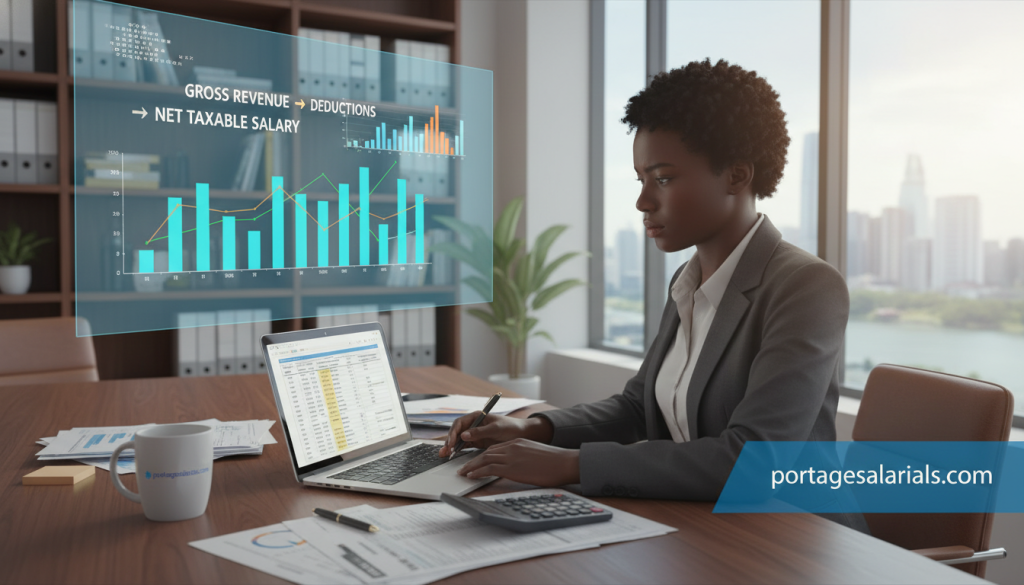 A professional office setting depicting a person calculating income tax. In the foreground, a diverse individual in smart business attire is focused on a laptop, with tax documents and a calculator scattered on a sleek wooden desk. In the middle layer, a large digital screen displays graphs and figures related to financial data, emphasizing the transition from revenue to net taxable salary. The background features a stylish office environment with bookshelves and a window showing a cityscape, bathed in soft, natural light. The mood is serious yet hopeful, conveying the importance of managing finances effectively. Subtly include the logo of "portagesalarials.com" in the image, without overwhelming the scene.