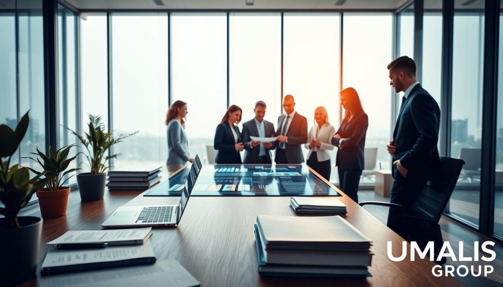 A professional office setting depicting an optimal organizational process, focusing on a well-structured workspace. In the foreground, a sleek wooden desk with organized files, a laptop displaying charts, and a potted plant. In the middle ground, a diverse group of business professionals in smart attire collaborating over a large touch-screen table with digital visuals of workflows and tasks. The background shows glass walls with large windows allowing natural light to flood the room, creating a bright and inspiring atmosphere. Soft shadows enhance the depth of the scene. The overall mood is productive and innovative, embodying efficiency and teamwork, with the logo "UMALIS GROUP" subtly integrated into a corner of the image. A professional office setting depicting an optimal organizational process, focusing on a well-structured workspace. In the foreground, a sleek wooden desk with organized files, a laptop displaying charts, and a potted plant. In the middle ground, a diverse group of business professionals in smart attire collaborating over a large touch-screen table with digital visuals of workflows and tasks. The background shows glass walls with large windows allowing natural light to flood the room, creating a bright and inspiring atmosphere. Soft shadows enhance the depth of the scene. The overall mood is productive and innovative, embodying efficiency and teamwork, with the logo "UMALIS GROUP" subtly integrated into a corner of the image.