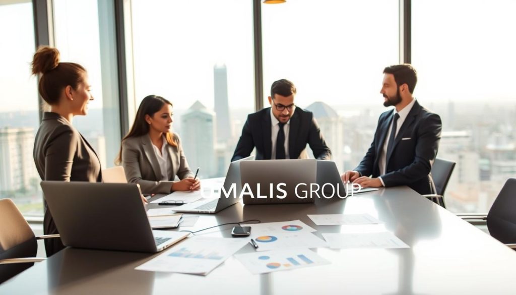 A professional office setting depicting the concept of "Cumul d’activités et portage salarial". In the foreground, a diverse group of three individuals in professional business attire, engaged in a collaborative discussion around a sleek conference table, with laptops and documents scattered with graphs and charts. The middle ground features a large window showcasing a modern cityscape in the background, symbolizing opportunities and work-life balance. Soft, natural lighting filters in, creating a warm and inviting atmosphere. A subtle focus effect using a 50mm lens brings emphasis on the individuals while the background remains slightly blurred, enhancing the feeling of concentration and productivity. The brand name "UMALIS GROUP" appears subtly in the scene, symbolizing support in part-time professional activities and compliance with work regulations.