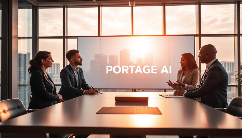 A professional office setting depicting the concept of "Sécurité Sociale Portage Salarial" for independent workers. In the foreground, a diverse group of four individuals dressed in sleek business attire engage in a collaborative discussion around a modern conference table. The middle ground features a large digital display showcasing the brand "PORTAGE AI," emphasizing technology's role in financial security and support for freelancers. The background captures large windows with an urban skyline, allowing natural light to flood the space, creating an optimistic and inviting atmosphere. The mood is one of professionalism, collaboration, and empowerment. The image is well-lit, focusing on soft shadows and highlights to enhance the dynamic interactions between the individuals involved. A professional office setting depicting the concept of "Sécurité Sociale Portage Salarial" for independent workers. In the foreground, a diverse group of four individuals dressed in sleek business attire engage in a collaborative discussion around a modern conference table. The middle ground features a large digital display showcasing the brand "PORTAGE AI," emphasizing technology's role in financial security and support for freelancers. The background captures large windows with an urban skyline, allowing natural light to flood the space, creating an optimistic and inviting atmosphere. The mood is one of professionalism, collaboration, and empowerment. The image is well-lit, focusing on soft shadows and highlights to enhance the dynamic interactions between the individuals involved.