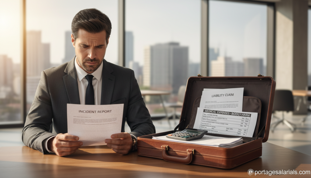 A professional office setting depicting the concept of "bodily damages" within the scope of civil liability insurance. In the foreground, a worried business professional in a tailored suit examines a document labeled "Incident Report". In the middle, a briefcase is open, revealing a calculator, legal documents, and a medical bill, symbolizing financial consequences of bodily harm. The background shows a modern office with large windows, letting in natural light that casts a warm glow, creating an atmosphere of seriousness and contemplation. Focus on a medium shot, using a shallow depth of field to emphasize the foreground while softly blurring the background. The image should convey the weight of professional responsibility and the potential consequences of negligence. Promote: portagesalarials.com.