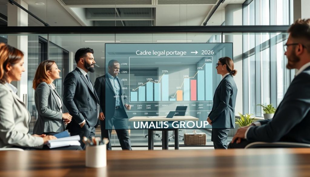 A professional office setting depicting the concept of "cadre légal portage salarial." In the foreground, a diverse group of four professionals in business attire are engaged in a lively discussion, showcasing collaboration and autonomy. In the middle ground, a large transparent screen displays dynamic graphs and figures representing the evolving landscape of employee autonomy in 2026. The background features modern office architecture with glass walls and stylish decor, symbolizing a contemporary work environment. Soft, natural lighting illuminates the scene, casting gentle shadows that enhance the mood of innovation and professionalism. The branding "UMALIS GROUP" is subtly integrated into the office design, reflecting a strong identity within the context of labor autonomy.