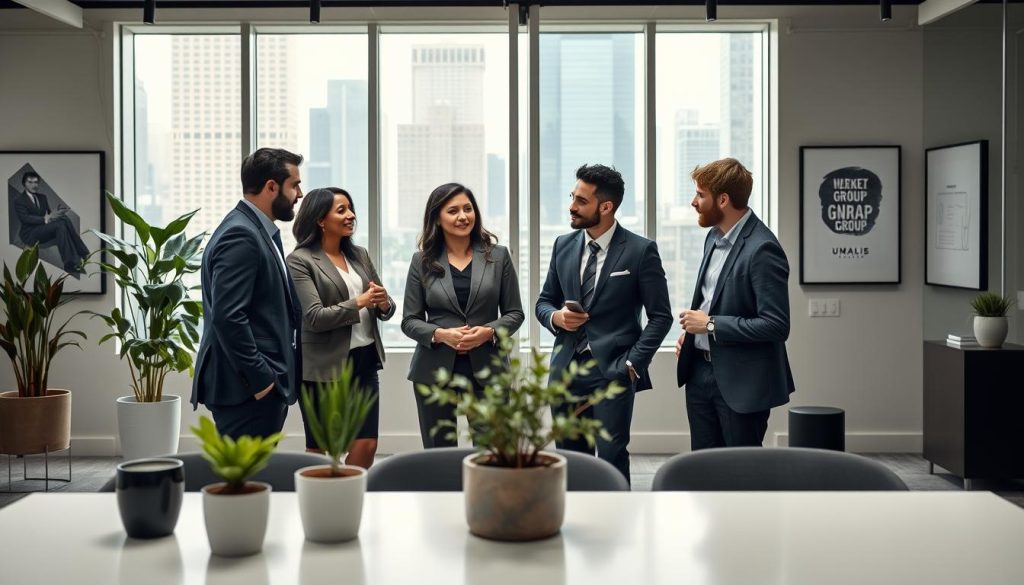 A professional office setting depicting the concept of "professional status." In the foreground, a diverse group of four individuals, dressed in smart business attire, gather around a modern conference table, engaged in a thoughtful discussion. The middle layer features contemporary office decor, including potted plants and inspirational artwork on the walls. The background shows tall windows with city views, allowing natural light to flood the space, creating an inviting atmosphere. Use a slightly elevated angle to capture both the group and the setting, emphasizing teamwork and collaboration. The overall mood is focused and optimistic, reflecting career growth and professional development. Include subtle branding elements of "UMALIS GROUP" in the decor without overt displays.
