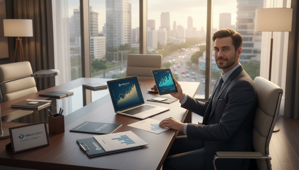 A professional office setting depicting the financial solidity of the "Umalis Group" in the context of a salary portage company. Foreground: a confident business professional in formal attire, reviewing financial documents and charts on a sleek desk. Middle ground: a modern conference table with a laptop open, displaying financial graphs, and a few financial reports neatly arranged. Background: large windows with natural light flooding in, showcasing a bustling cityscape. The overall atmosphere should be one of optimism and stability, with soft ambient lighting enhancing the professional mood. The image should be clean and focused, emphasizing the importance of financial security and reliability in a salary portage company.