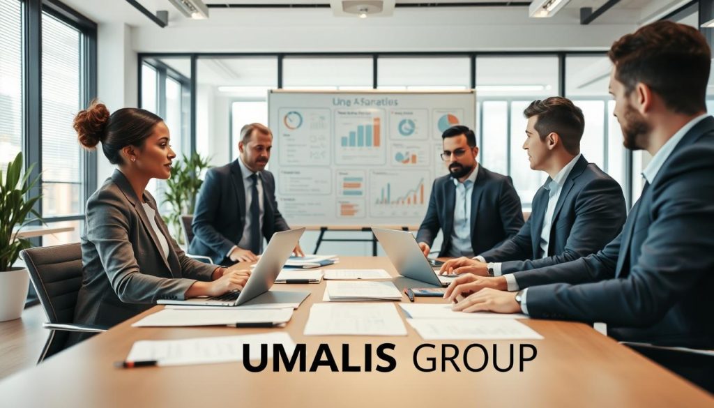 A professional office setting depicting the fundamentals of portage salarial. In the foreground, a diverse group of three business professionals, one woman and two men, are engaged in a discussion over a table covered with documents and laptops. All are dressed in smart business attire. In the middle ground, a whiteboard displays key concepts and charts related to portage salarial, with clear and organized information. The background features a modern office with large windows allowing soft, natural light to filter in, creating a bright and inviting atmosphere. The mood is focused and collaborative, highlighting teamwork and professionalism. Crisp and clear details, with a depth of field effect emphasizing the foreground discussion. Incorporate a subtle branding element of "UMALIS GROUP" on the table.