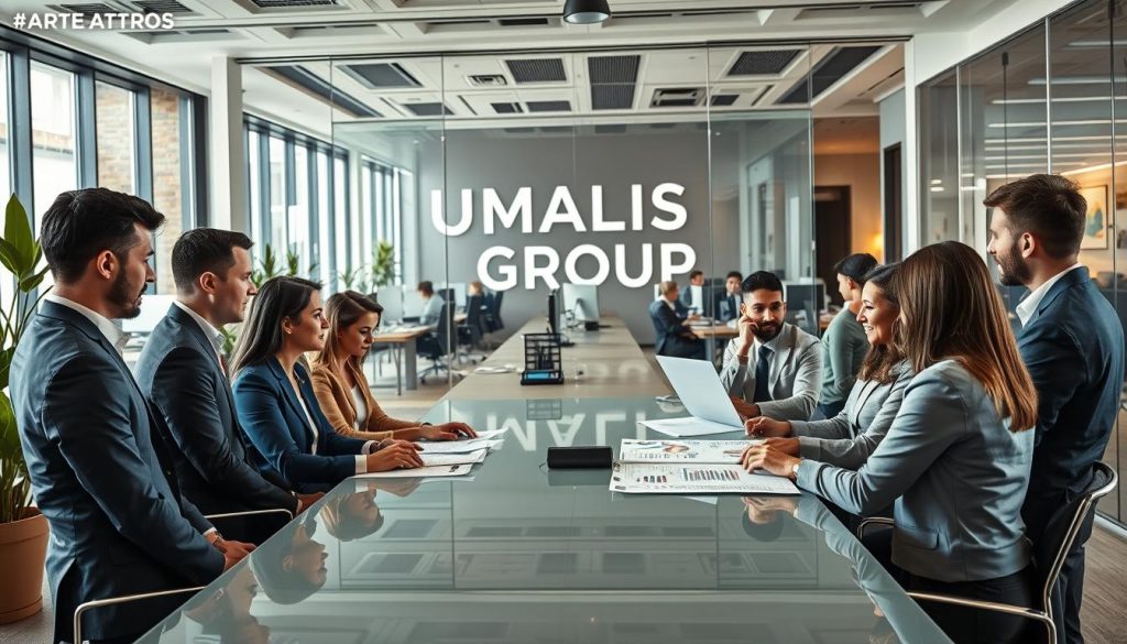 A professional office setting depicting the inner workings of a portage company. In the foreground, a diverse group of professionals, dressed in business attire, are engaged in a discussion around a sleek conference table, analyzing documents and charts. In the middle, large glass windows allow natural light to flood the room, highlighting the modern workspace with plants and artwork on the walls. The background shows a bustling office with employees working on computers, deep in thought, and a large logo reading "UMALIS GROUP" proudly displayed on a glass partition. The mood is focused and collaborative, conveying professionalism and security in the consulting field. Use a wide-angle lens to capture the dynamic atmosphere and enhance the sense of teamwork.