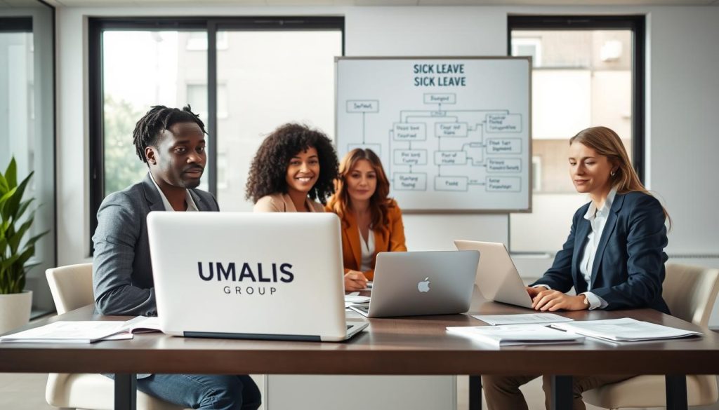 A professional office setting depicting the procedures for sick leave within a portage salarial framework. In the foreground, a diverse group of three professionals, dressed in business attire, is engaged in a discussion around a table filled with documents and a laptop displaying the UMALIS GROUP logo. In the middle ground, a wall-mounted whiteboard features flowcharts outlining sick leave procedures. The background shows large windows letting in soft, natural light, creating a calm and efficient atmosphere. The lens is focused slightly on the group, capturing expressions of concentration and collaboration. The overall mood is serious yet encouraging, emphasizing teamwork and support in navigating administrative processes related to sick leave. A professional office setting depicting the procedures for sick leave within a portage salarial framework. In the foreground, a diverse group of three professionals, dressed in business attire, is engaged in a discussion around a table filled with documents and a laptop displaying the UMALIS GROUP logo. In the middle ground, a wall-mounted whiteboard features flowcharts outlining sick leave procedures. The background shows large windows letting in soft, natural light, creating a calm and efficient atmosphere. The lens is focused slightly on the group, capturing expressions of concentration and collaboration. The overall mood is serious yet encouraging, emphasizing teamwork and support in navigating administrative processes related to sick leave.