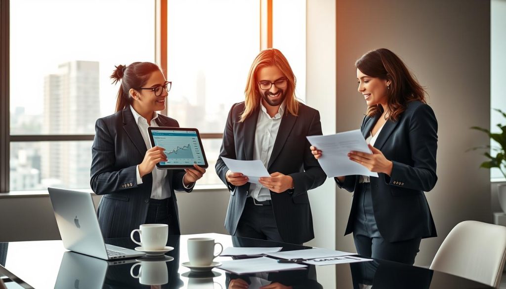 A professional office setting depicting the process of "portage salarial" invoicing. In the foreground, a diverse group of two business professionals are engaged in a detailed discussion, one holding a tablet displaying financial data, while the other gestures towards a document. Both are in smart business attire. In the middle, a sleek desk with a laptop, coffee cups, and paperwork is organized, signifying efficiency. The background features a large window showcasing a modern city skyline, with soft natural light illuminating the scene, creating a positive and focused atmosphere. Incorporate subtle branding elements of "Umalis Group" within the setting, enhancing the corporate identity. Aim for a clean, professional look that represents the key principles and steps of invoicing in portage salarial.