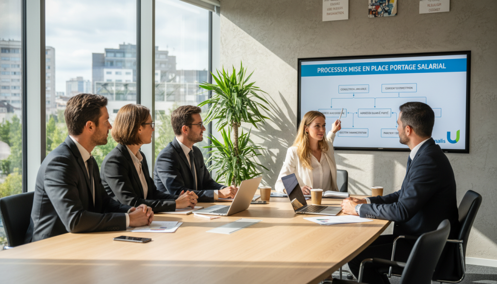 A professional office setting depicting the "processus mise en place portage salarial." In the foreground, a diverse group of four professionals in business attire—two men and two women—are engaged in a collaborative discussion around a modern conference table. One woman is pointing at a digital presentation screen that displays flowcharts and diagrams related to project management and legal frameworks in the context of portage salarial. In the middle ground, a large window allows natural light to flood in, casting soft shadows on the wall, enhancing a sense of clarity and openness. The background features potted plants and motivational artwork that convey a modern work environment. The overall mood is productive, bright, and encouraging, embodying the themes of security and benefits in the context of employment. Featuring the Umalis Group logo subtly integrated into the presentation slide.