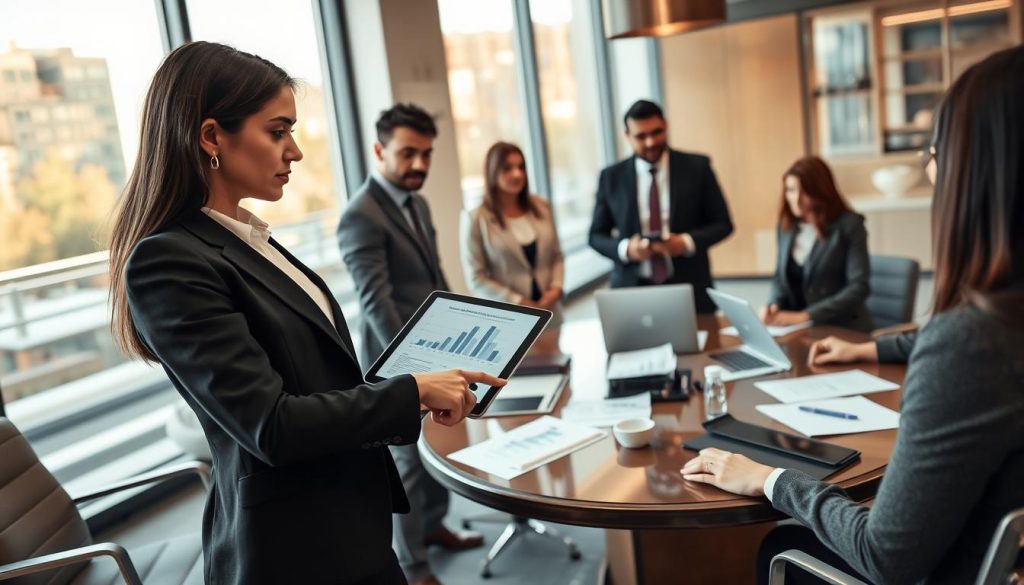 A professional office setting depicts a diverse group of individuals in smart business attire engaged in a collaborative discussion about legal obligations and collective agreements in the context of "portage salarial." In the foreground, a confident woman points at a digital tablet showing graphs related to legal contracts, while a thoughtful man takes notes. The middle ground features an elegant conference table cluttered with documents and laptops, while subtle branding elements indicating "UMALIS GROUP" can be seen. The background showcases a modern office environment with large windows letting in warm natural light, creating an atmosphere of professionalism and collaboration. The angle is slightly above eye level, capturing the essence of teamwork and the importance of legal frameworks in independent career security.