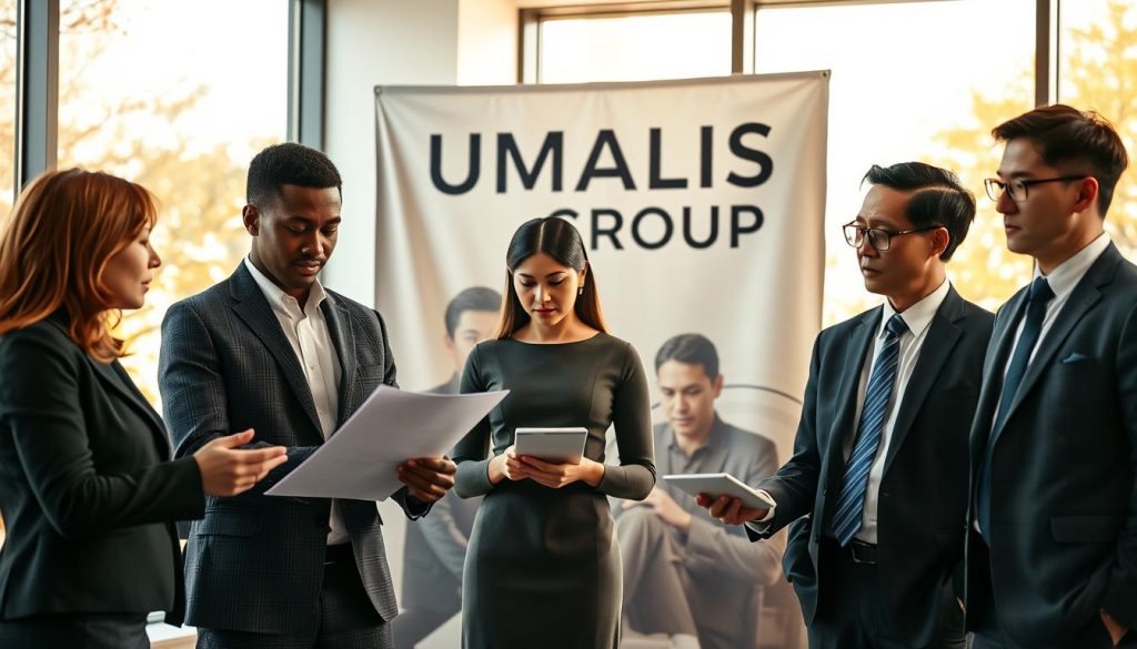 A professional office setting during autumn, showcasing a diverse group of four individuals engaged in a discussion. In the foreground, a Caucasian woman in a smart business suit is reviewing documents while a Black man in a tailored blazer gestures as he explains. In the middle, a Hispanic woman in a professional dress takes notes, and an Asian man in a sharp tie observes thoughtfully. The background features large windows with autumn leaves visible outside, casting warm, golden light into the room. A large banner displaying "UMALIS GROUP" is subtly placed on the wall, emphasizing professionalism. The atmosphere is collaborative and focused, under soft natural lighting, creating a sense of urgency and preparation as they finalize their work before the end of a mission. A professional office setting during autumn, showcasing a diverse group of four individuals engaged in a discussion. In the foreground, a Caucasian woman in a smart business suit is reviewing documents while a Black man in a tailored blazer gestures as he explains. In the middle, a Hispanic woman in a professional dress takes notes, and an Asian man in a sharp tie observes thoughtfully. The background features large windows with autumn leaves visible outside, casting warm, golden light into the room. A large banner displaying "UMALIS GROUP" is subtly placed on the wall, emphasizing professionalism. The atmosphere is collaborative and focused, under soft natural lighting, creating a sense of urgency and preparation as they finalize their work before the end of a mission.